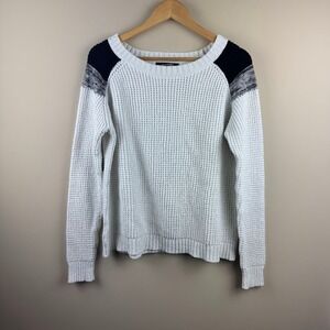 Lemon Tart Womens White Waffle Knit Colorblock Shoulder Sweater Large